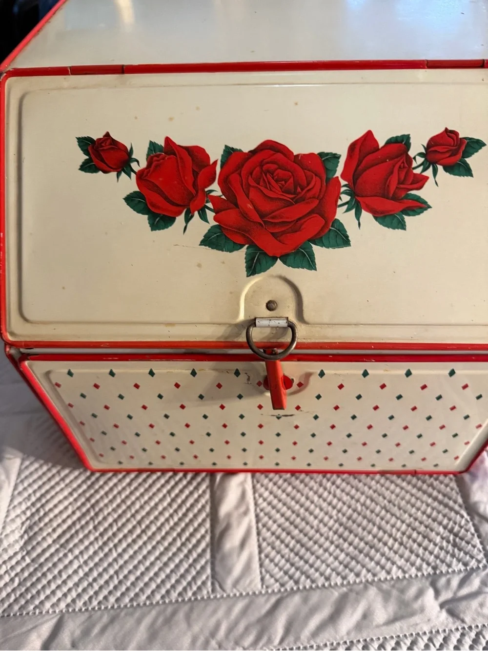 1940’s Vintage Floral Metal Bread Box/Pie Safe Red Roses Distressed Patina